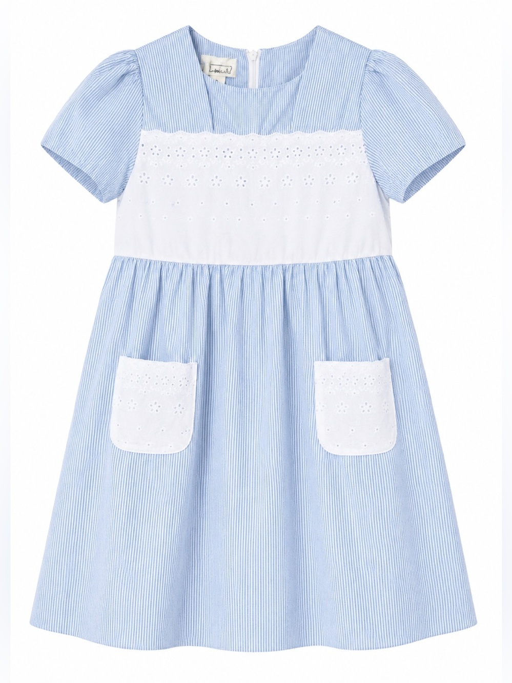 Vintage 80s Light Blue and White Eyelet Panel Girls' Dress